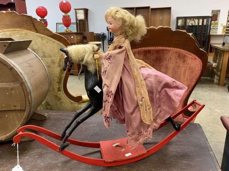 Automaton Theodor Recknagel German bisque doll on rocking horse