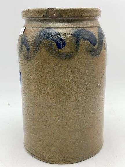 JOHN BELL stoneware jar w/ freehand cobalt S-curve decor
