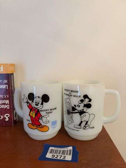 Two Mickey Mouse/Pepsi decorated milk glass mugs