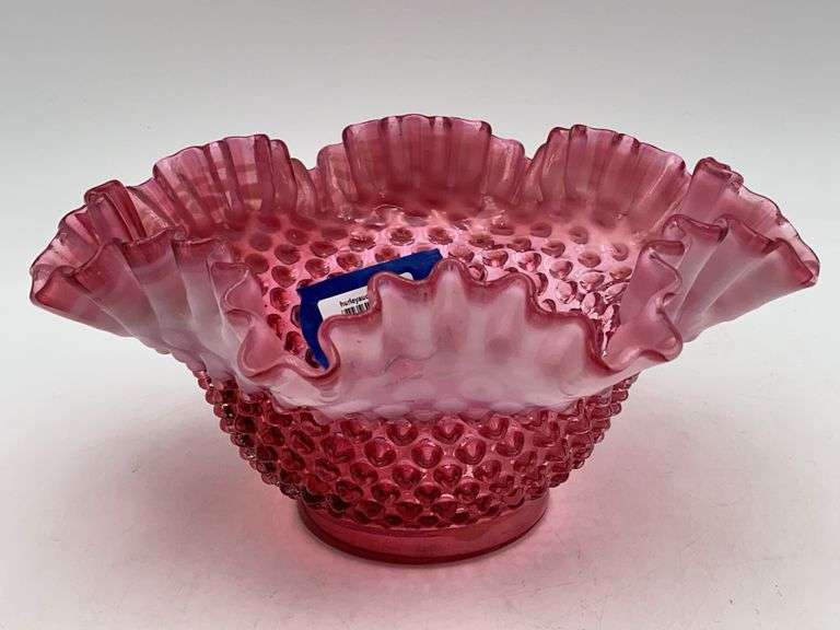 FENTON cranberry opalescent hobnail bowl w/ crimped rim
