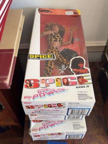 Four vintage Spice Girls dolls, in packages