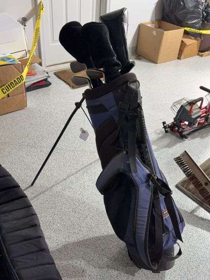Golf bag & stand w/ left-handed Burner Midsize golf clubs & misc covers