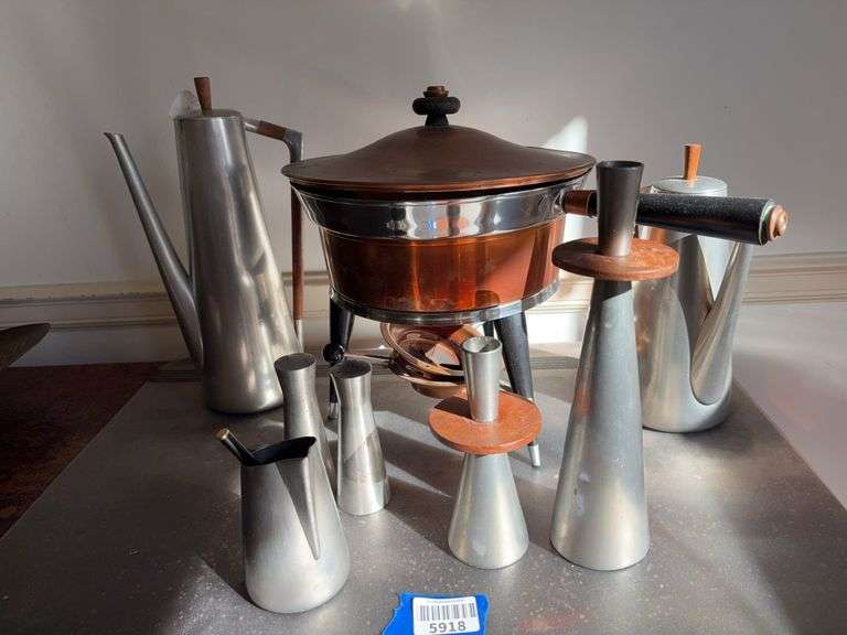 MCM mid-century modern metal serving pcs: chafing dish, tea/coffee pots, salt/peppers, creamer, candleholders