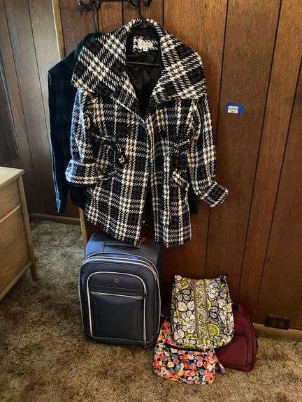 Plaid coat sz: XL, flannel shirt, luggage, quilted fabric purses