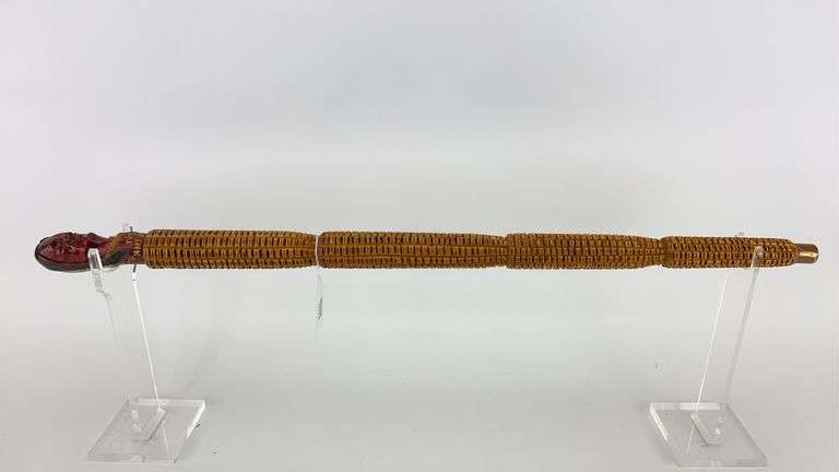 TOM CHRISTOPHEL folk art carved walking stick TRUE AMERICAN w/ Native American head and corn cob shaft, signed WC1991