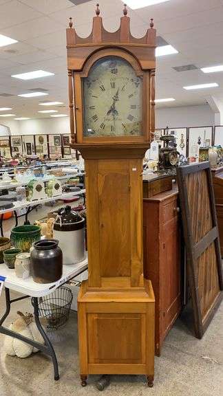 JOHN KLINE (Berks County PA) tall case clock, softwood case, painted dial w/ date wheel 20x10.75x90.5