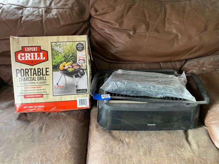 Portable charcoal grill in box, and Philips indoor electric grill