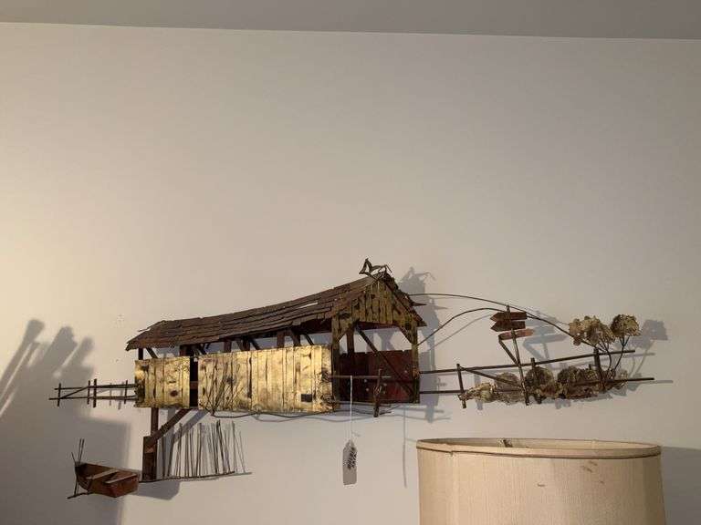 Metal covered bridge wall sculpture 48in long