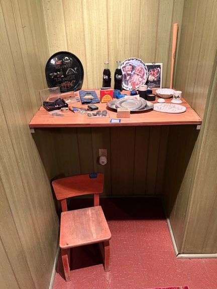 Misc lot - old buttons, bow ties, American League baseball in original box, pewter serving plates, two Coke bottles, miniature baseball bat, Childs chair, shows wear & more