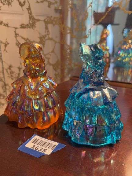 Two iridescent glass Southern Belle figurines: amber and blue