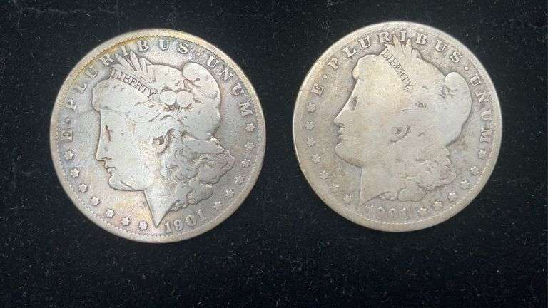 Two 1901-O Morgan silver dollar coins - by the pc take two