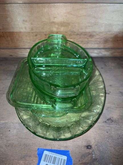 Uranium Poinsettia green depression glass divided dishes, tray, and platter