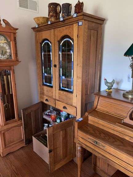 Oak cupboard w/ leaded glass top doors, over two drawers and cupboard base - no contents 40x16x72 - MUST COME DURING LAST 2 HOURS OF PICKUP FOR THIS ITEM