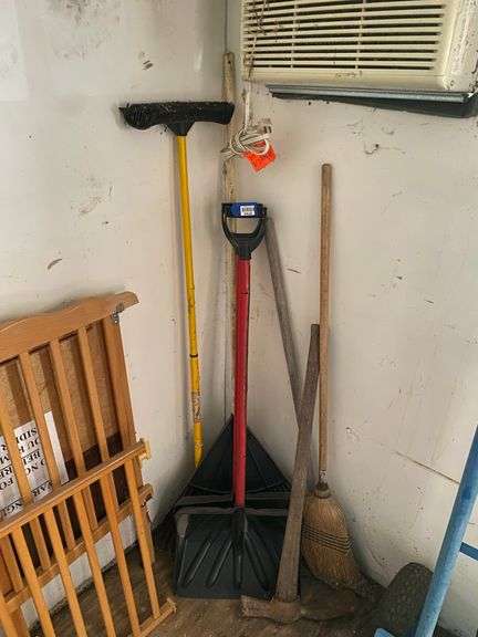Mattock, snow shovels, leaf rake, misc