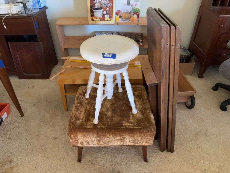 Antique piano stool, foot stool, wooden wagon, coffee table, table leaves, yardsticks, walking stick