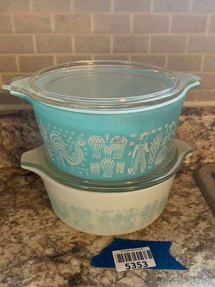 Two vintage Pyrex Amish Butterprint turquoise baking dishes w/ lids