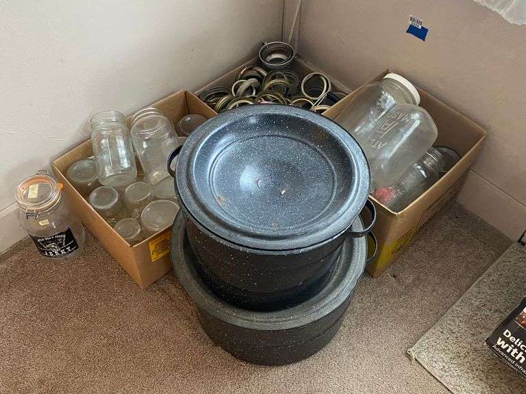 Two speckled graniteware canners, canning jars and rings lot, jar lifter