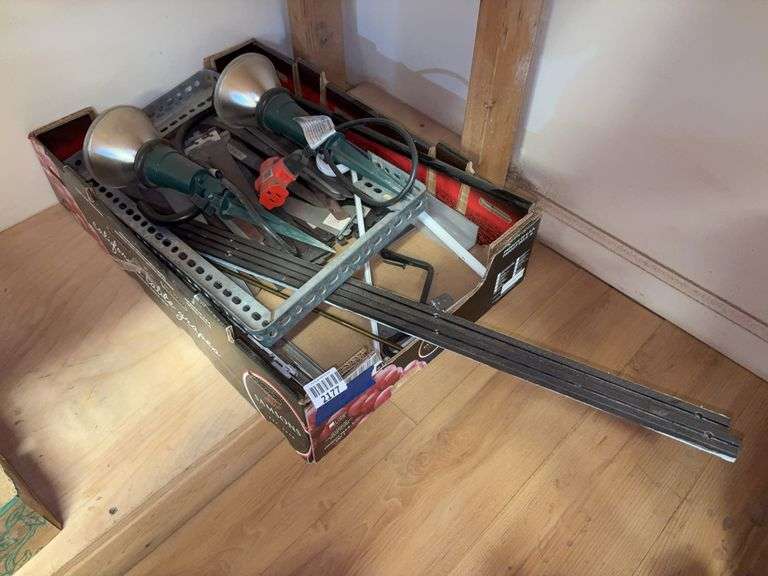 Two lawn flood lights, shelf brackets & more