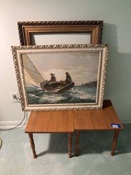 Framed print 22x28.5, two end stands each 15x16x14, picture frame