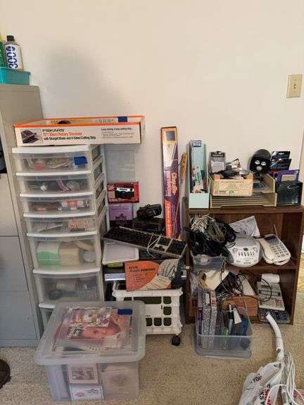 Shelf unit and storage drawer unit w/ all contents: electronics, office supplies, digital clocks, cookbooks, paper cutter, misc