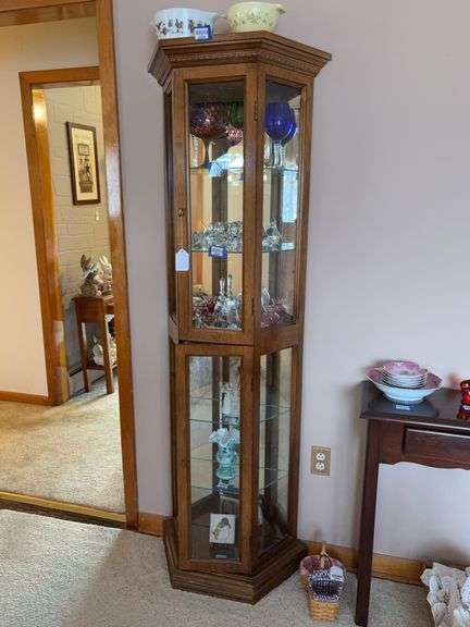 Lighted curio cabinet w/ mirrored back, glass shelves - no contents 18x10x72 - MUST COME DURING LAST 2 HOURS OF PICKUP FOR THIS ITEM