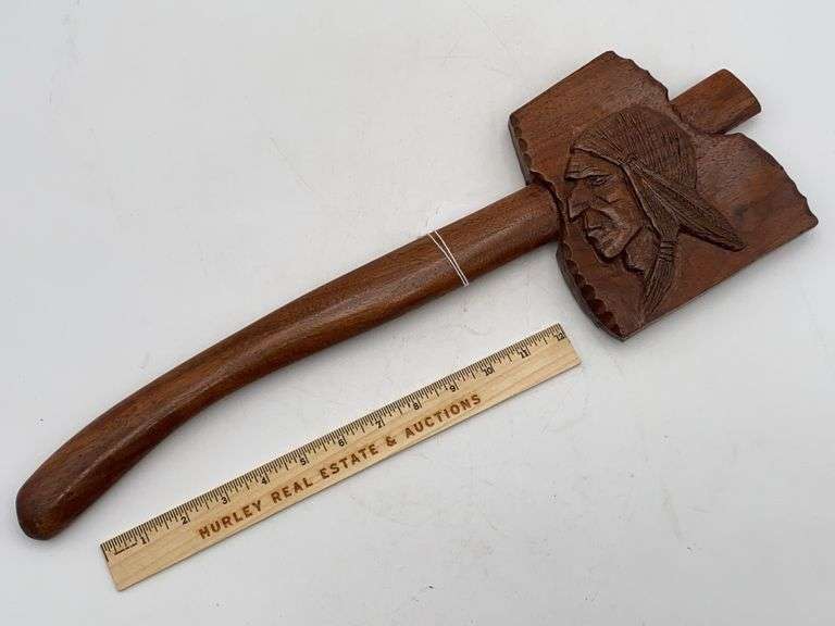 TOM CHRISTOPHEL folk carving ENOCH BROWN SCHOOL carved wooden tomahawk w/ Native American profile in relief, signed WC 1990