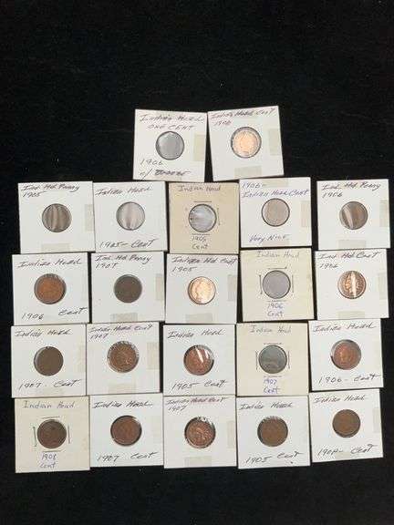 Lot of 22 Indian Cents - 1905 - 1908
