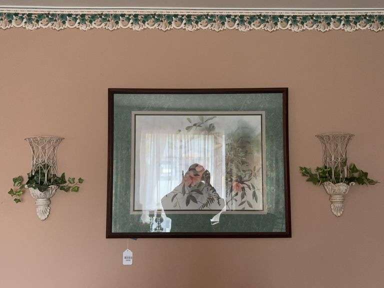 D. Nichols limited edition print, florals, 183/1950, framed, and pair of wall vases 28x34