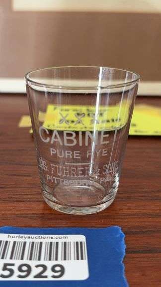 Etched advertising shot glass: Cabinet Pure Rye/ Jos. Fuhrer & Sons/ Pittsburgh