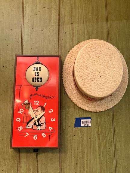 Electric Bar is Open Clock & Budweiser advertising hat