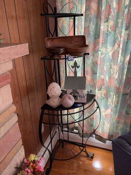 4-tier wrought metal corner shelf - no contents 24x16x66