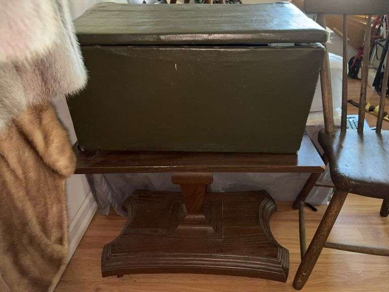 Handcrafted tool chest and vintage pedestal TV stand