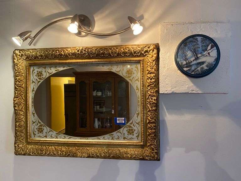 Patterned mirror in gilt frame, and snow scene plaque