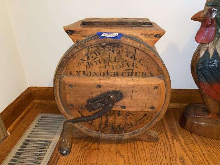 Wooden butter churn w/ stenciling: New Style/ White Cedar/ Cylinder Churn/ No. 1/ 3 Gals