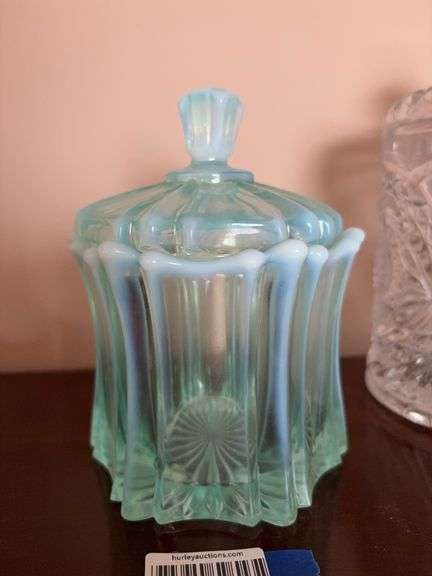 Fenton Vulcan sea mist opalescent covered candy dish