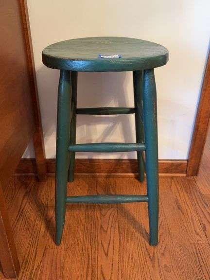 Round wooden stool, painted green 23in high