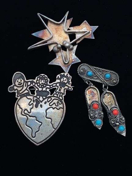 Two Sterling pins and umarked jeweled slippers pin