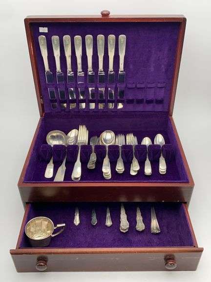 STERLING flatware set and child's cup, along w/ mixed plated flatware, in chest, SUBJECT TO SELLER APPROVAL