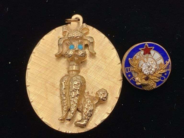 BPOE Elks lapel pin w/ stone, and 14K gold poodle pendant
