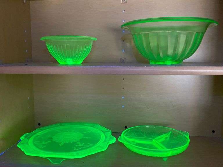 Uranium green depression glass mixing bowls, cake plate, divided dish
