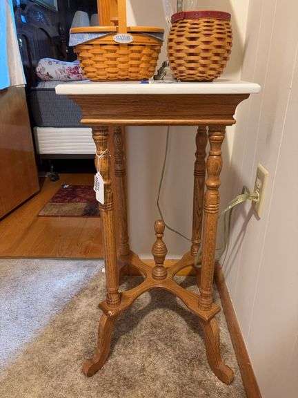 Oak stand w/ white marble top - no contents 14.5x14.5x29