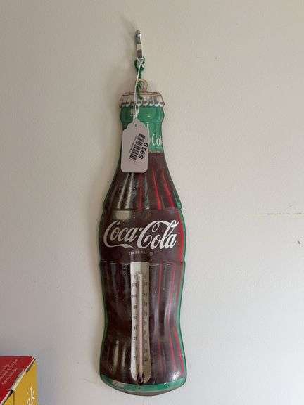 Litho tin Coca-Cola bottle shape wall thermometer 16in long