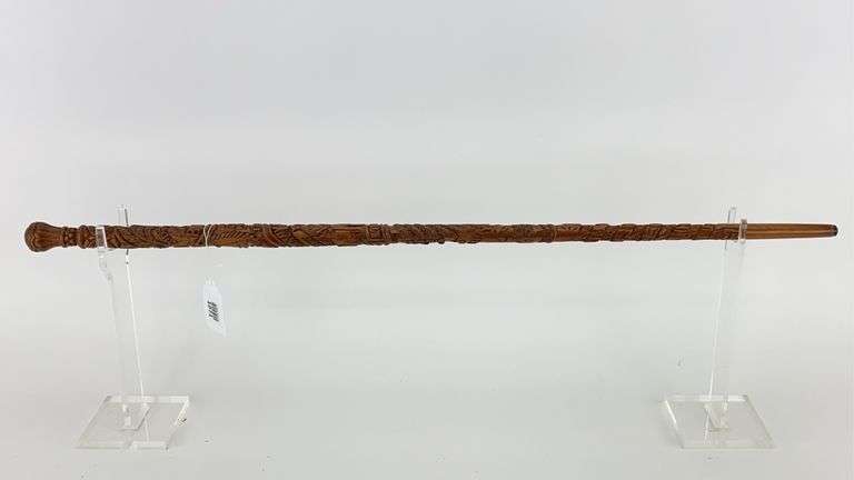 TOM CHRISTOPHEL folk art carved walking stick Markings: “USA  STRENGTH TRUTH LIBERTY  1776  IN GOD WE TRUST  EARLY PIONEER  FAITH HOPE CHARITY TRUST LOVE  TRUE AMERICA  CORN PLANTER  ENOCH BROWN SCHOOL  ANTRIM TOWNSHIP 250th ANNIV 1741-1991”