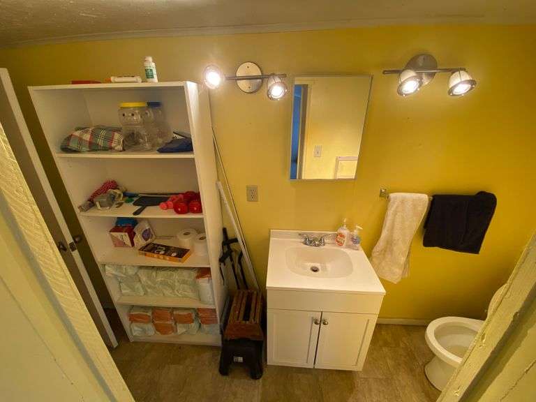 Contents of bathroom: underpads, hand weights, canes, stools, towels, misc