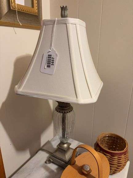 Table lamp w/ glass base insert, square fabric shade