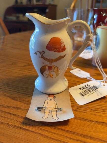 1896 Cleveland Shriner convention souvenir pitcher, Wellsville Pioneer Pottery Co, and Shriner card w/ safety pin