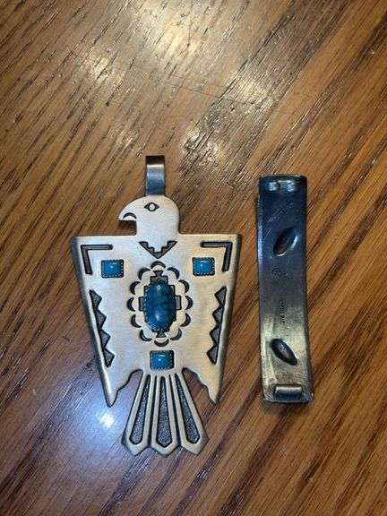 Sterling pin w/ pinecone motif - missing pin back, and nickel silver Native American style eagle pendant