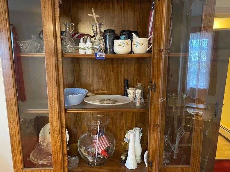 Contents of three shelves: pattern glass berry set, delphite depression bowl, mid-century sugar/creamer, milk glass bud vases, misc