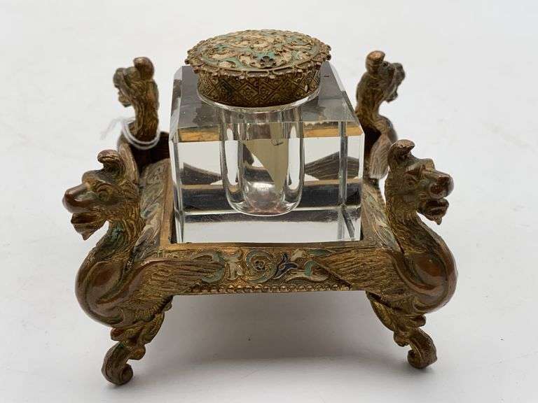 Inkstand w/ crystal well in cast metal frame w/ matching cap, winged lion feet