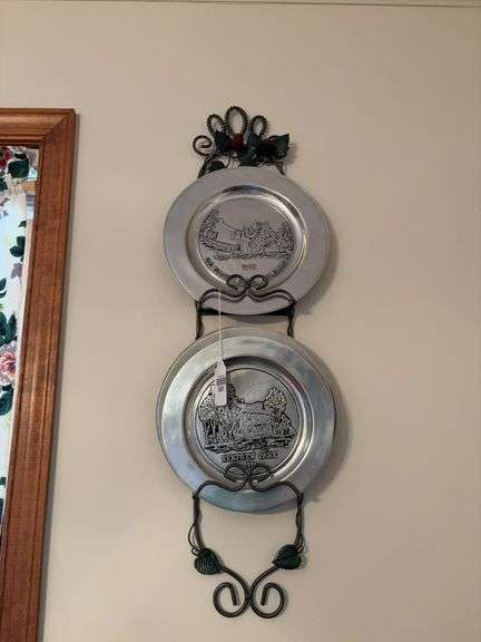 Three vintage Waynesboro metal souvenir plates and wrought metal wall plate rack